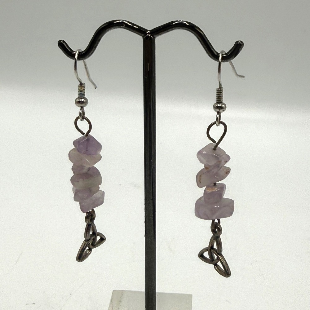 Amethyst Chip Celtic Trinity Knot Dangle Earrings Silver Tone Purple Boho